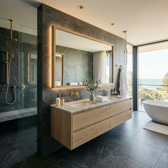 Luxury bathroom renovation with warm finishes