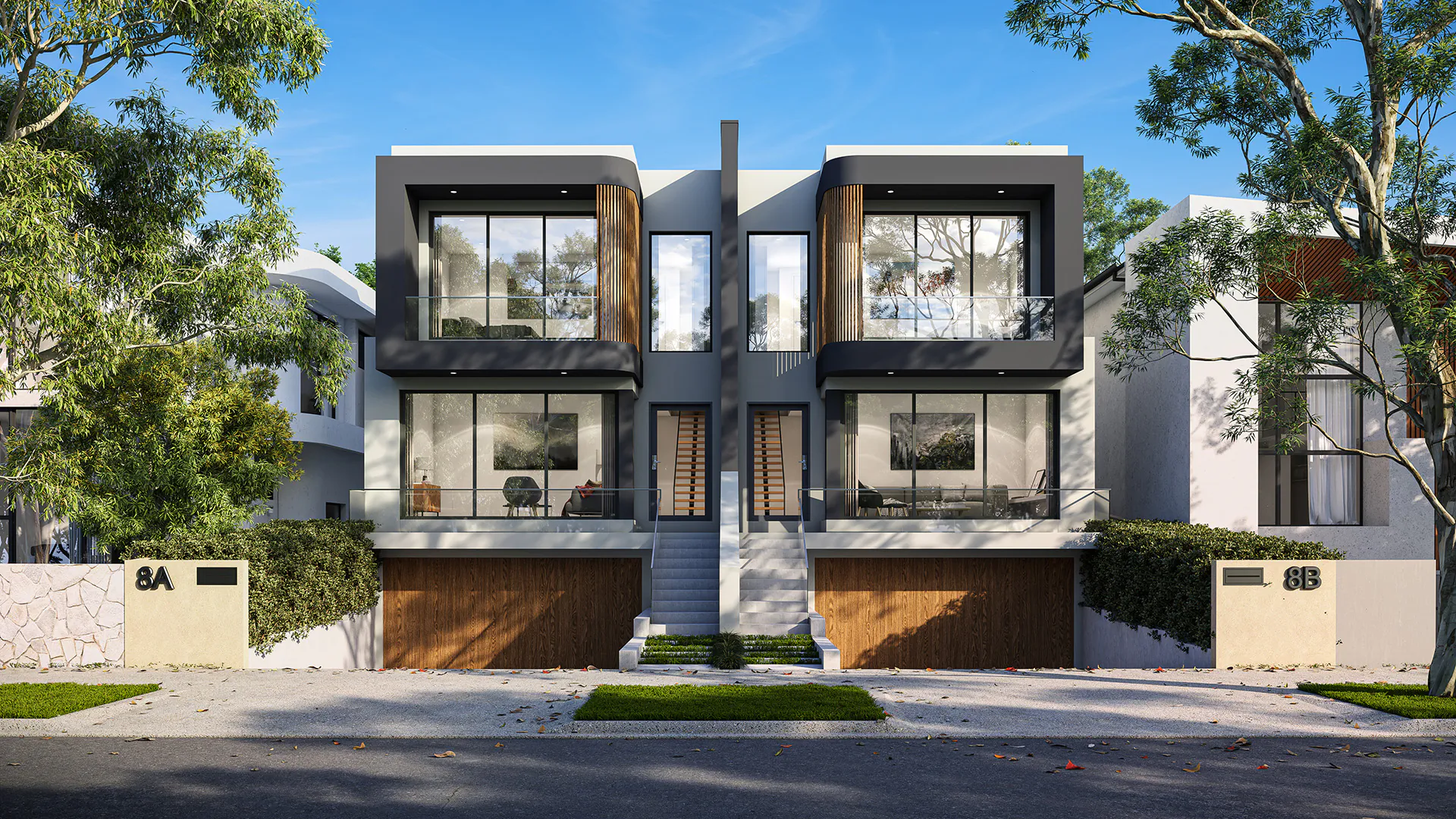 Modern duplex exterior with strong street presence